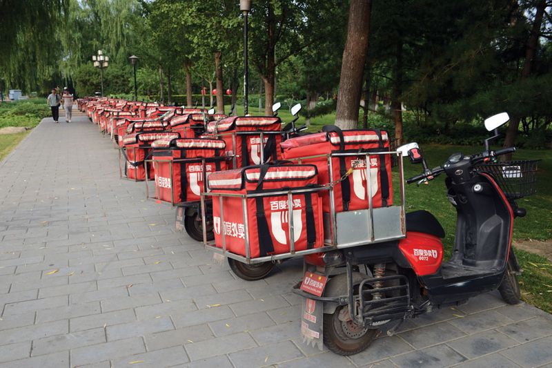 A gathering spot of Baidu's food delivery army by the Second Ring Road in Beijing